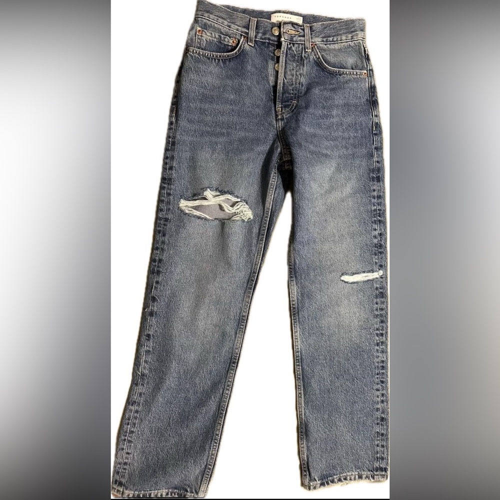 Topshop Brixton Ripped High Waist Dad Jeans in
Mid Blue